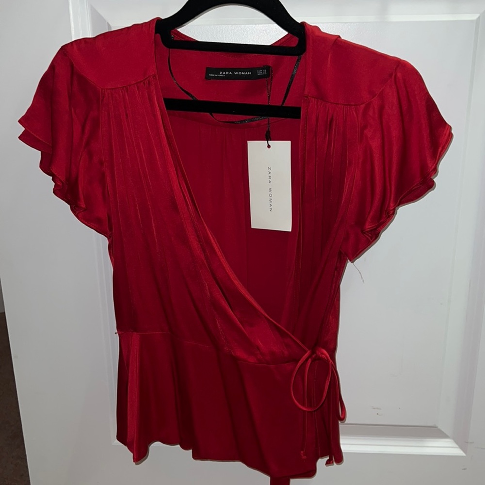 Zara wrap red silk shirt never worn brand new with tags